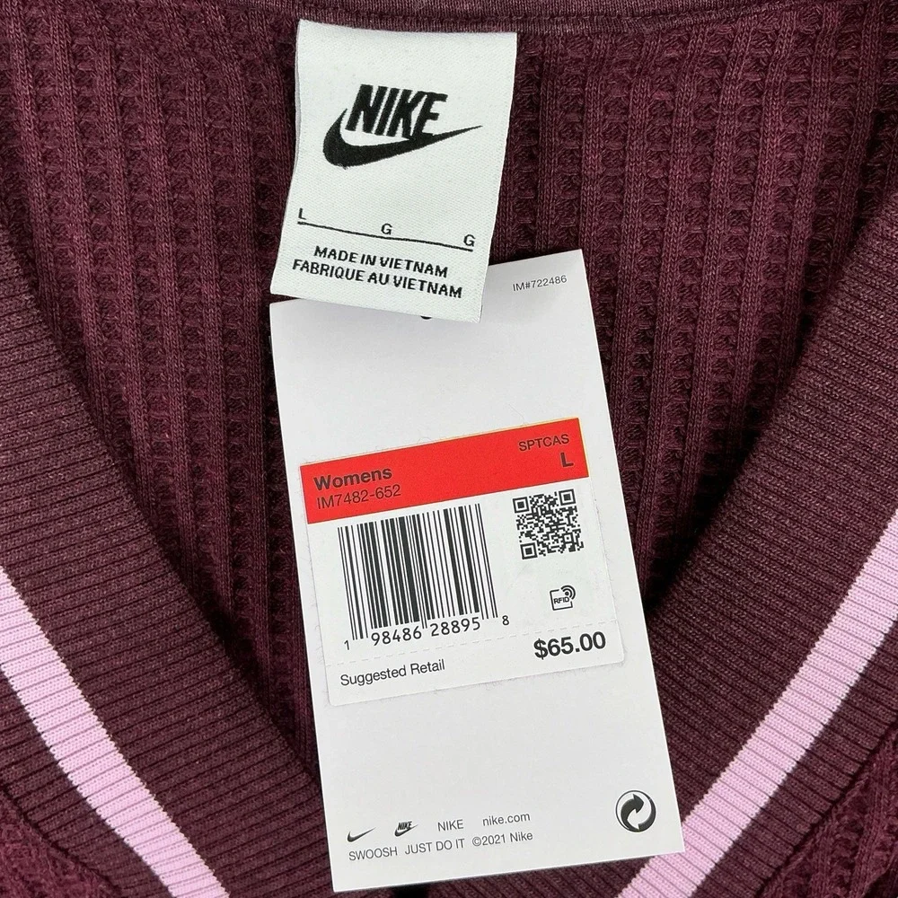 Nike Vest Women Large Burgundy‎ Sleeveless Waffle Knit Sweater M7482 Logo Preppy